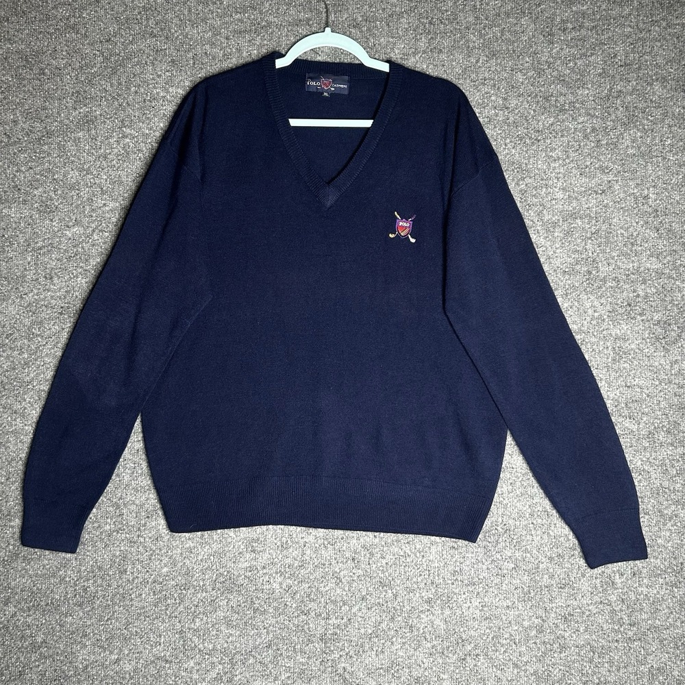 Vintage Polo Ralph Lauren Cashmere Golf Sweater Size Xl Blue V‎ Neck Logo
